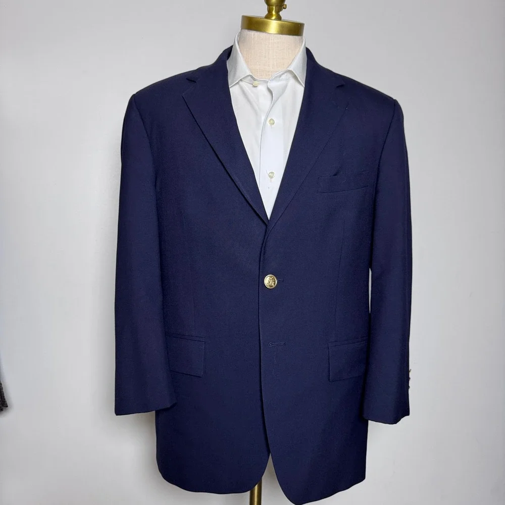 Chaps Ralph Lauren Blazer Mens 42R Navy Blue Solid Two Button Gold Crest Buttons